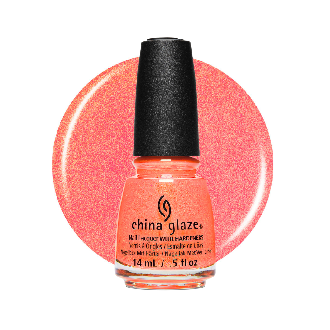 A bottle of China Glaze nail polish with hardeners in a shimmering coral pink shade, shown against a white background with a matching circular color swatch behind it.