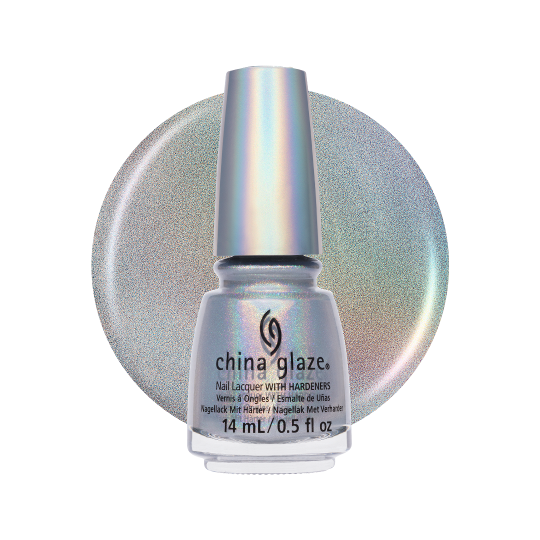 A bottle of China Glaze nail lacquer with hardeners, featuring a silver cap and a clear bottle showing a holographic silver glitter polish, set against a matching circular swatch on a white background.