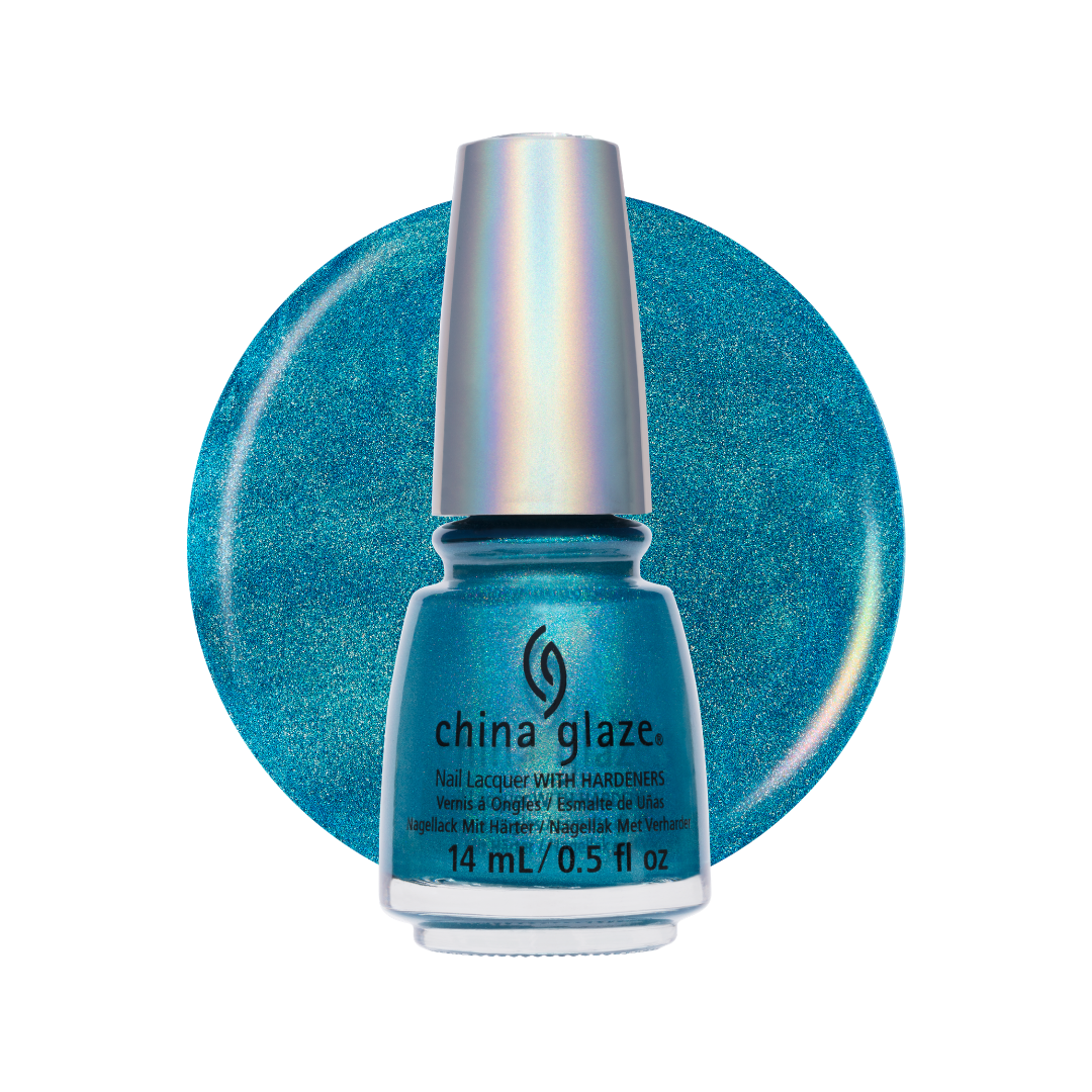 A bottle of China Glaze nail lacquer in a bright holographic blue shade, shown in front of a large circular swatch of the same blue holographic polish on a white background.