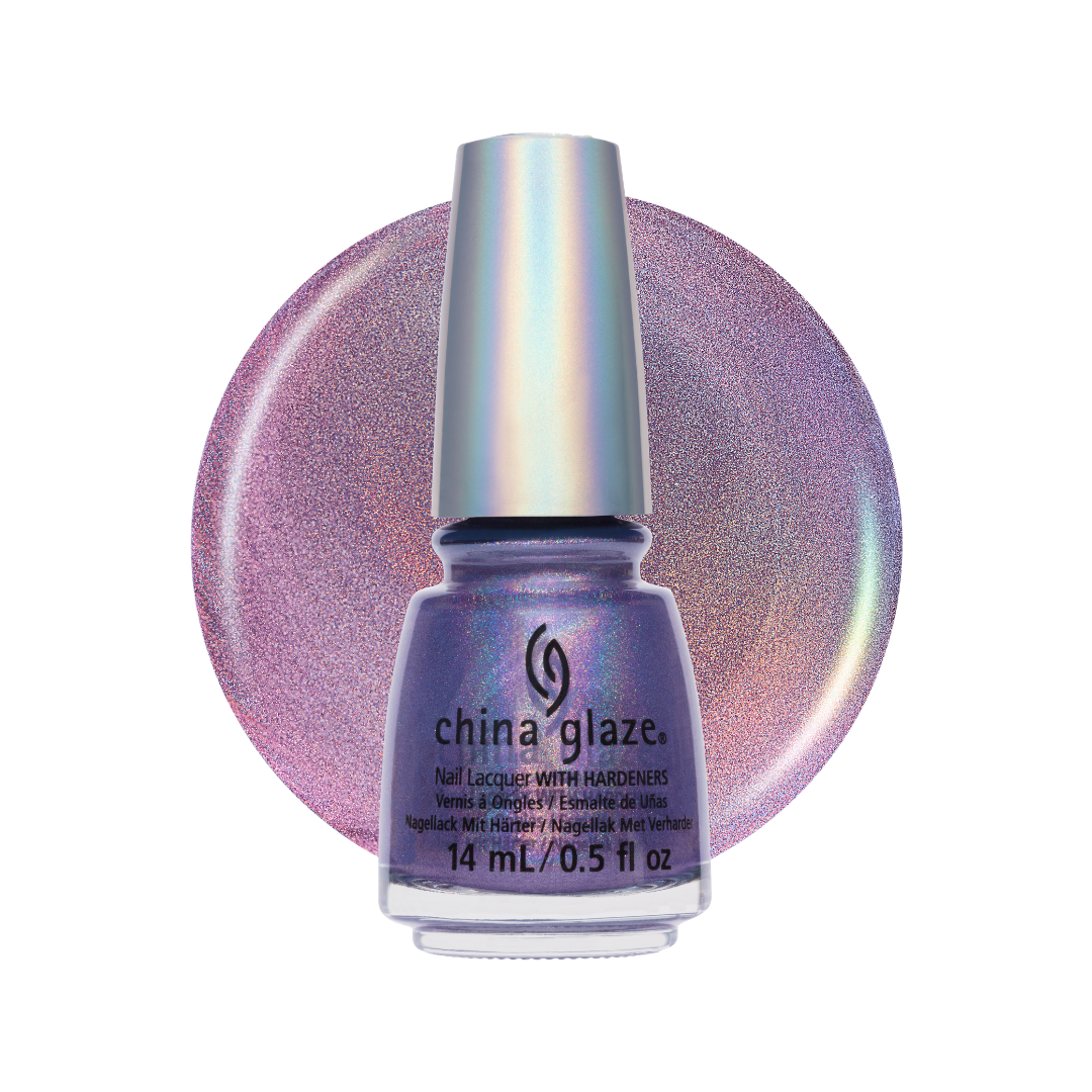 A bottle of China Glaze nail polish in a shimmering lavender-purple shade, shown in front of a circular swatch of the same iridescent finish on a white background.