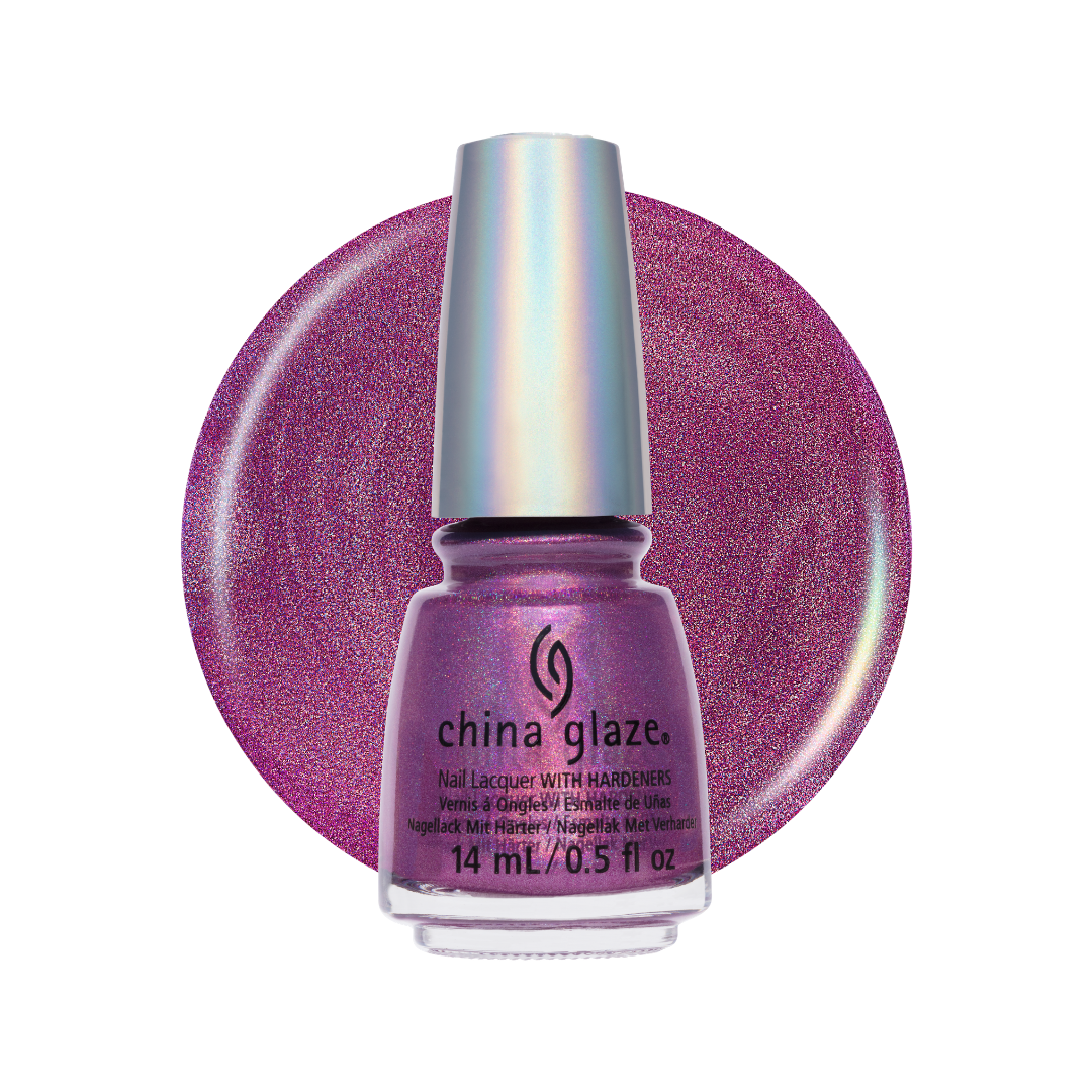 A bottle of China Glaze nail polish in a sparkling magenta-purple shade, set against a matching circular swatch on a white background.