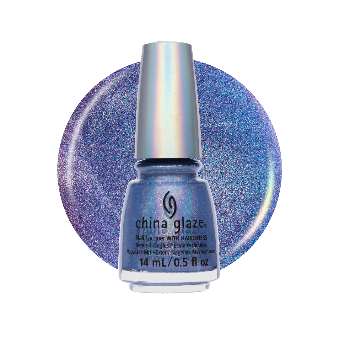 A bottle of China Glaze nail polish with hardeners in a shimmering blue shade with an iridescent purple-blue finish, shown in front of a circular color swatch on a white background.