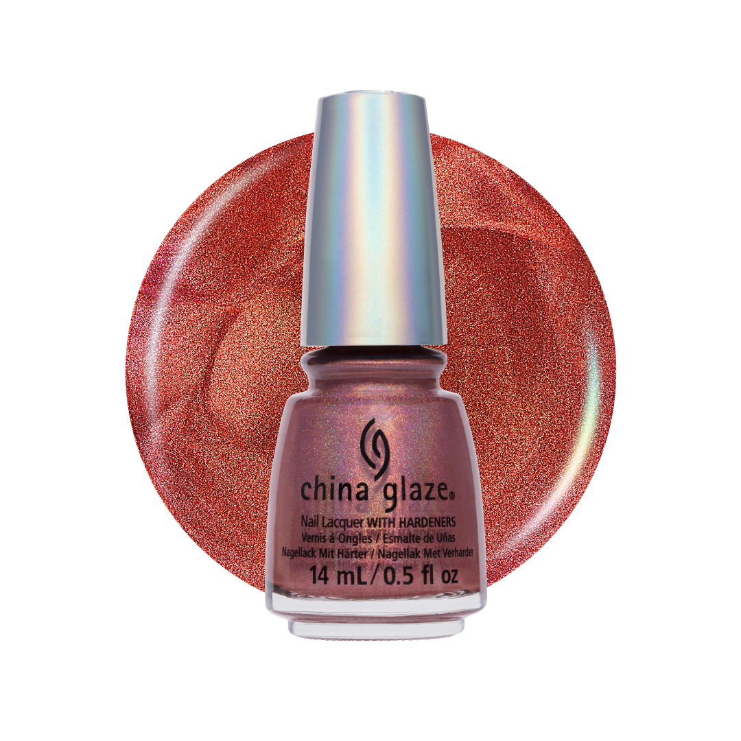 A bottle of China Glaze nail lacquer with a metallic copper-rose shimmer polish, set against a matching circular color swatch on a white background.