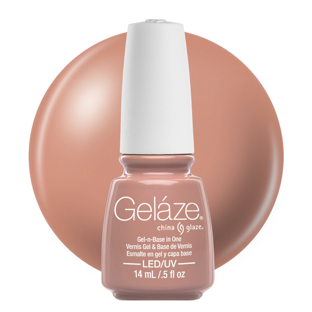 A bottle of Geláze China Glaze nail polish in a warm nude-peach shade, shown in front of a matching circular color swatch on a white background.