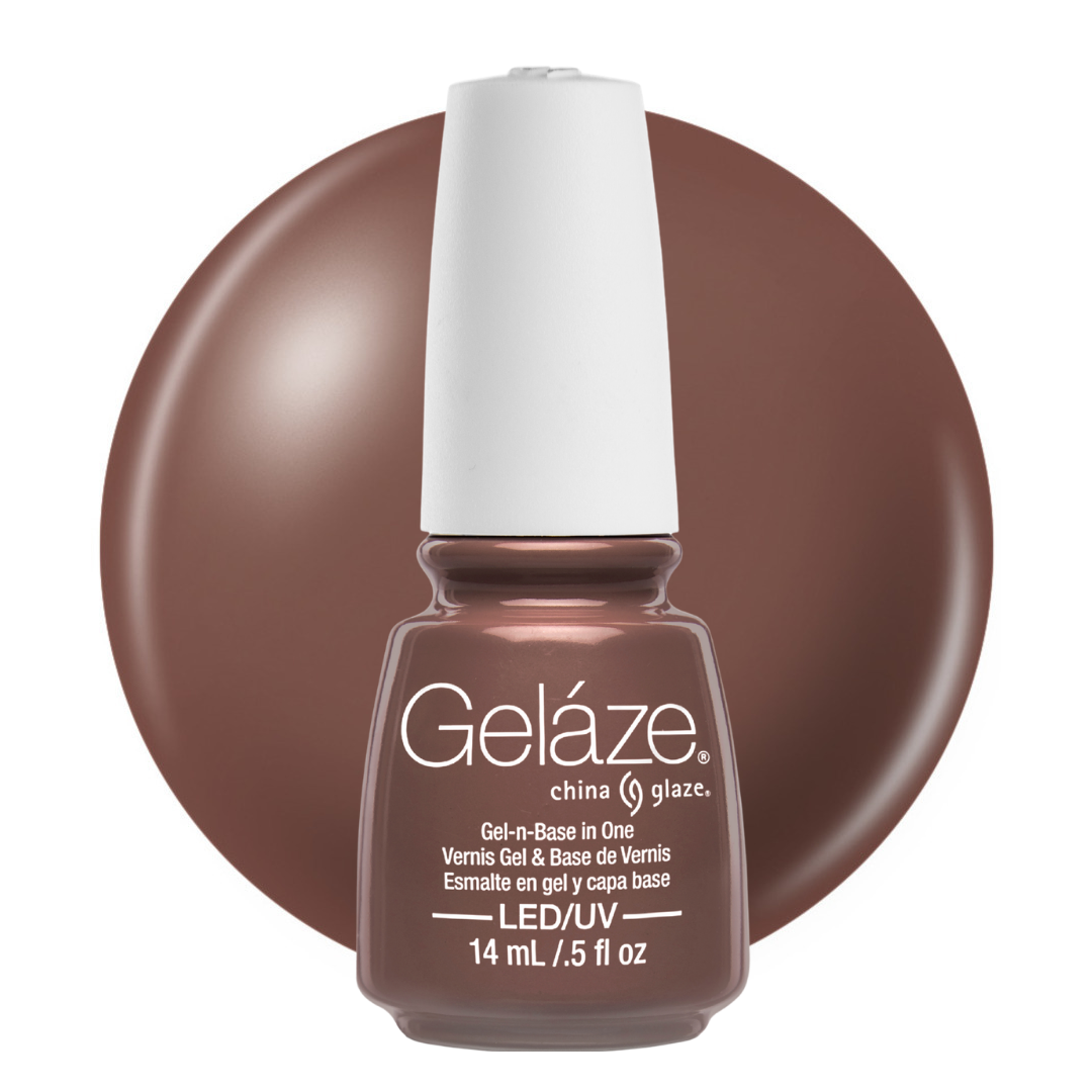 A bottle of Geláze China Glaze gel nail polish in a warm medium brown shade, shown in front of a matching circular color swatch on a white background.