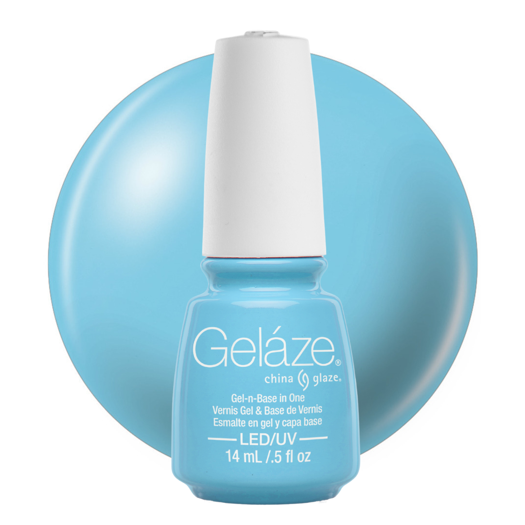 A bottle of Geláze China Glaze LED gel nail polish in a light blue shade, shown in front of a matching light blue circular background on a white studio background.