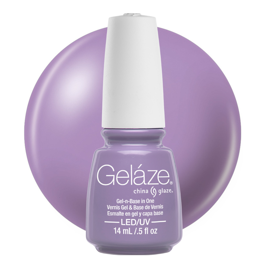 A bottle of Geláze China Glaze gel nail polish in a light lavender purple shade, shown in front of a matching lavender circular color swatch on a white background.