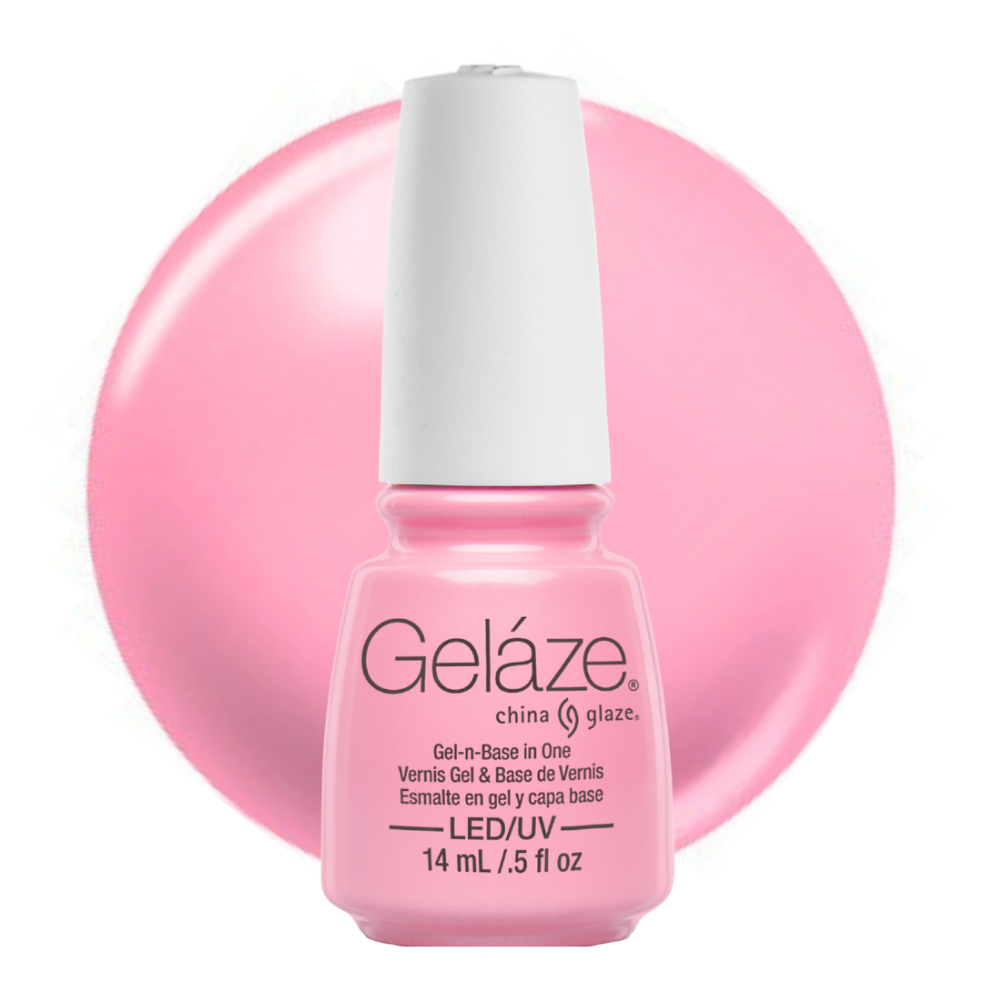 A bottle of Geláze China Glaze gel nail base in a light pink shade, shown against a matching pink circular background on a white studio backdrop.