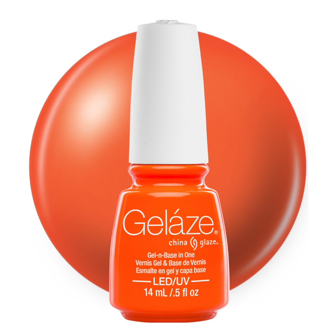 A bottle of Geláze China Glaze gel nail polish in a vibrant orange shade, shown in front of a matching orange circular color swatch on a white background.