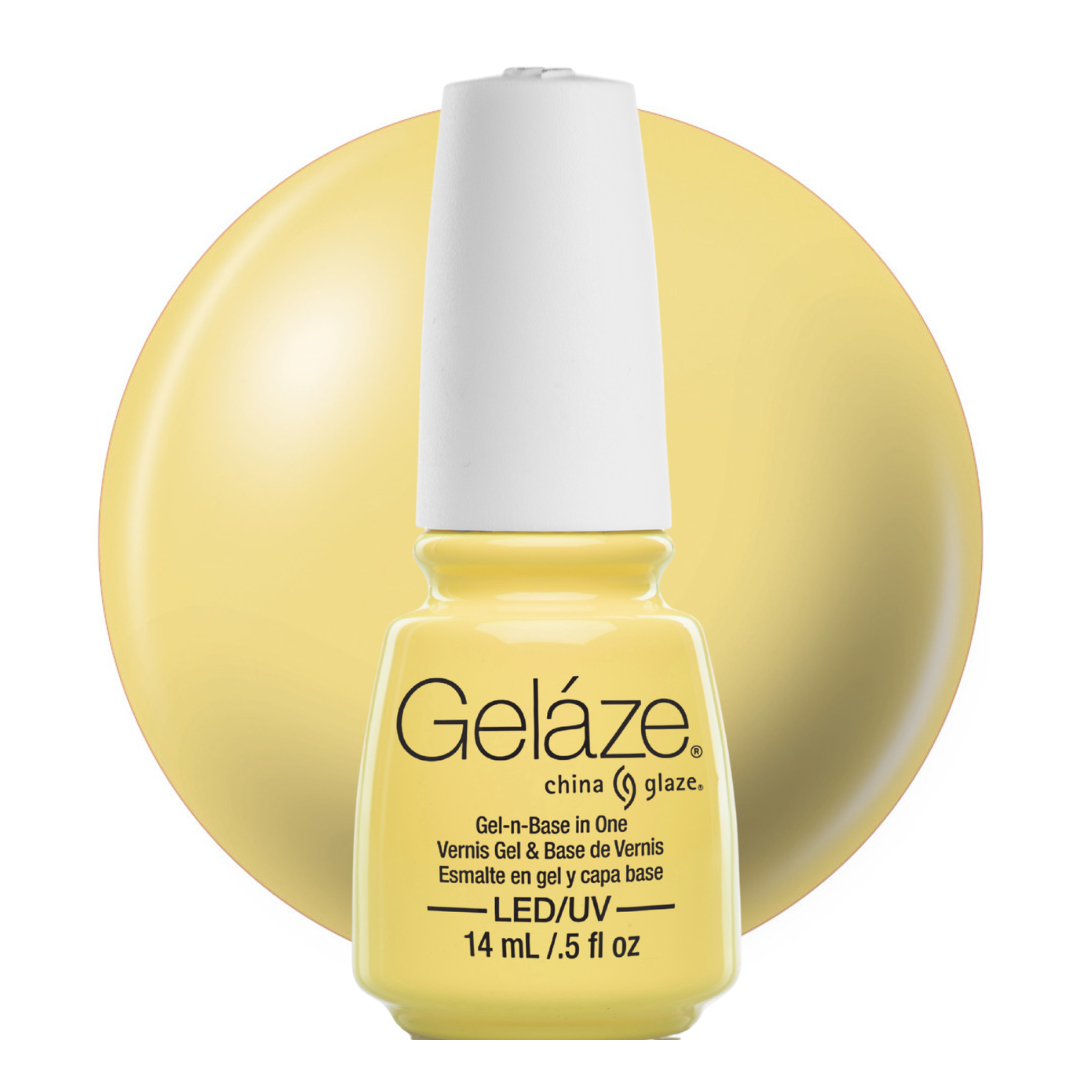 A bottle of Geláze China Glaze gel nail polish in a pale yellow shade, shown against a matching pale yellow circular background on a white studio backdrop.