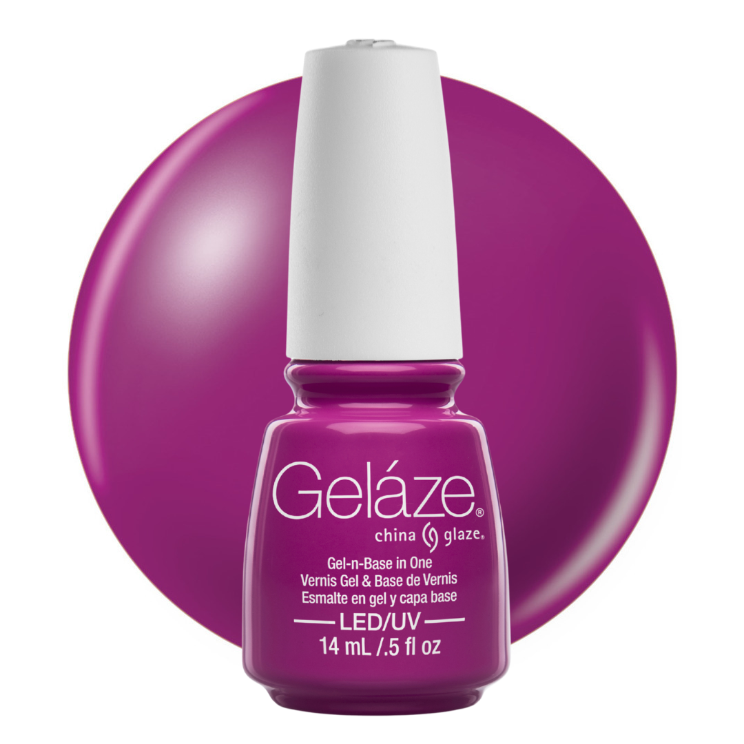 A bottle of Geláze China Glaze gel nail polish in a vibrant magenta-purple shade, shown in front of a matching circular color swatch on a white background.