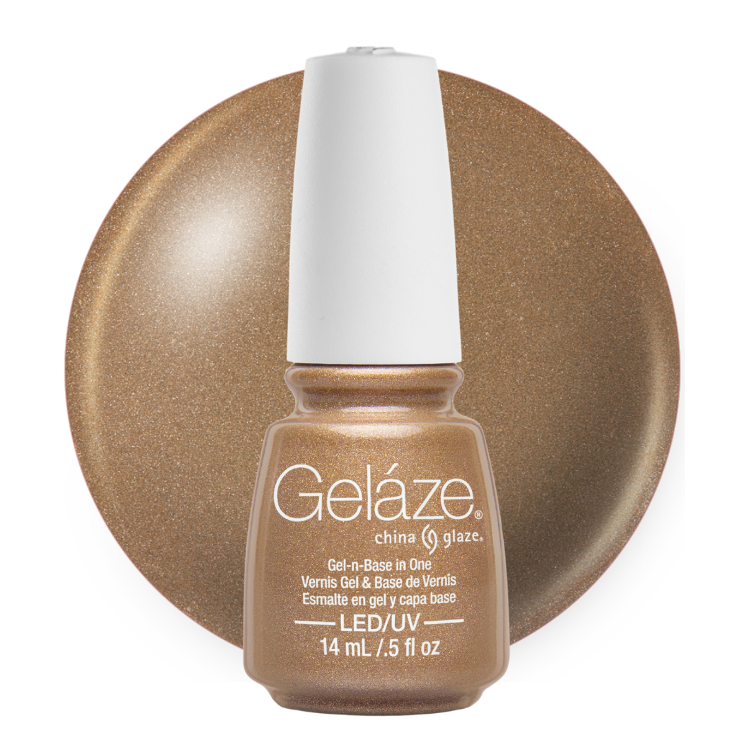 A bottle of Geláze China Glaze gel nail polish in a shimmery bronze-brown shade, shown in front of a matching circular color swatch on a white background.