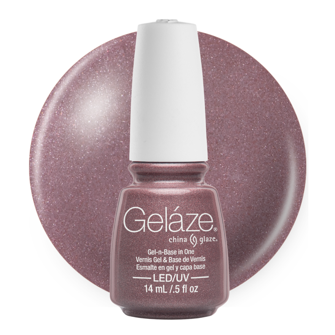 A bottle of Geláze China Glaze LED/UV gel nail base in a pink-brown shade, shown in front of a matching circular swatch of the sparkly mauve-purple color on a white background.