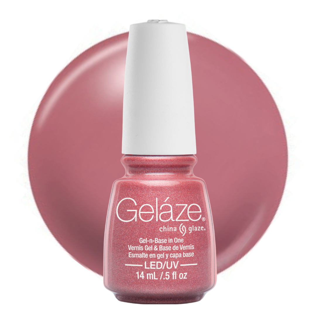 A bottle of Geláze China Glaze gel nail polish, featuring a dusty rose-pink color with a white cap, set against a matching circular swatch on a white background.