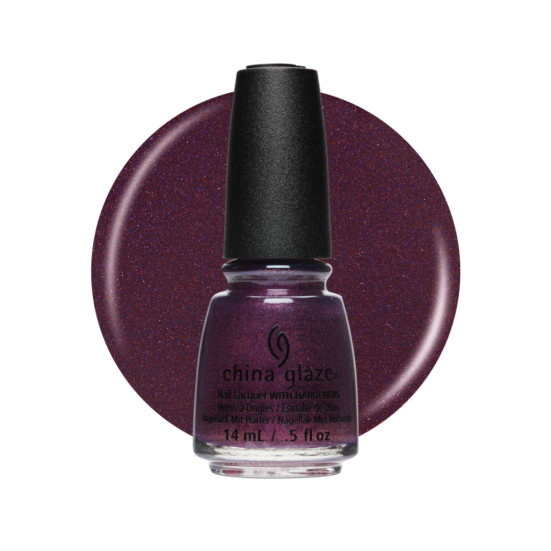 A bottle of China Glaze nail polish in a deep glittery plum purple shade, shown in front of a matching circular color swatch on a white background.