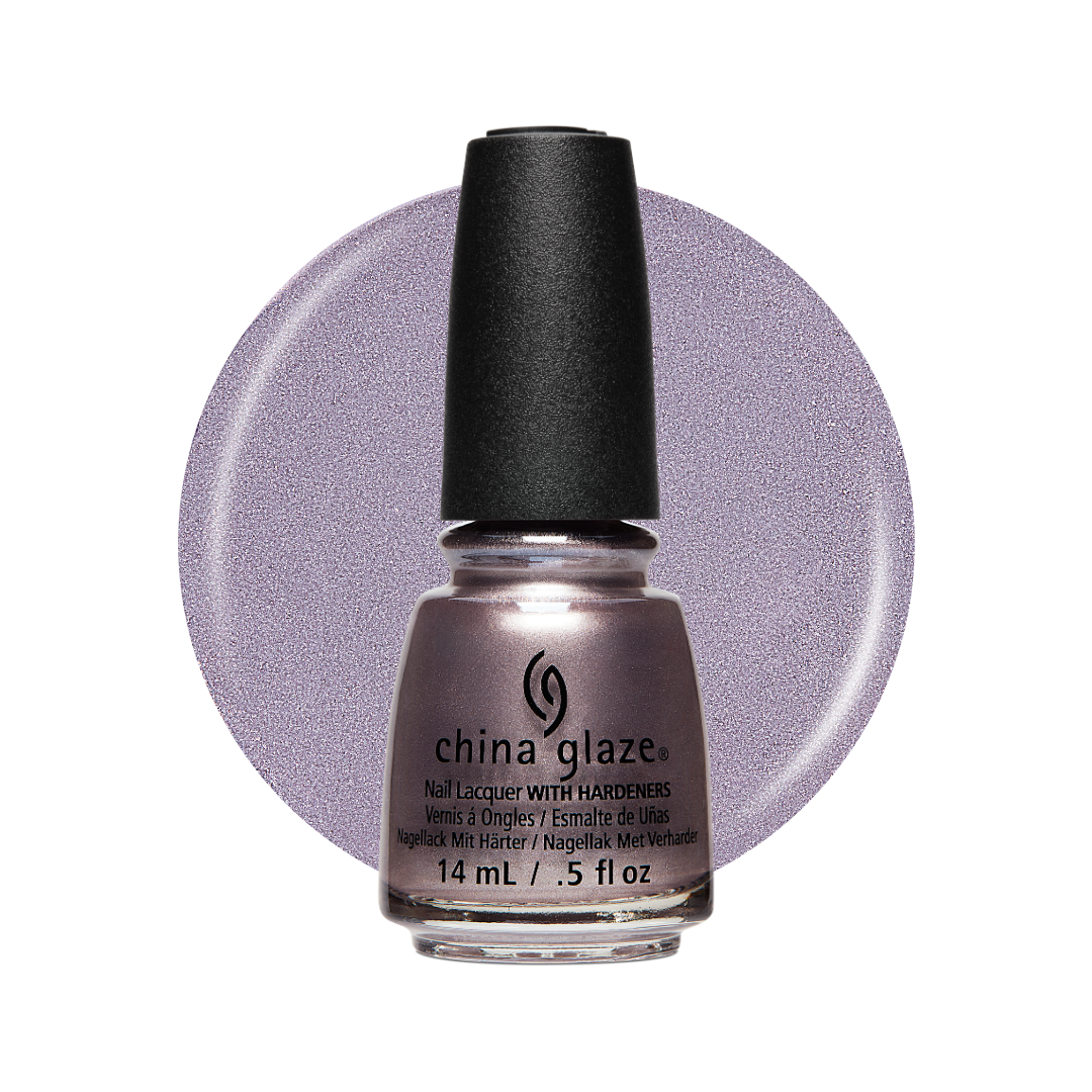 A bottle of China Glaze nail lacquer with a black cap, shown in front of a circular swatch of the shimmering lavender-purple polish on a white background.