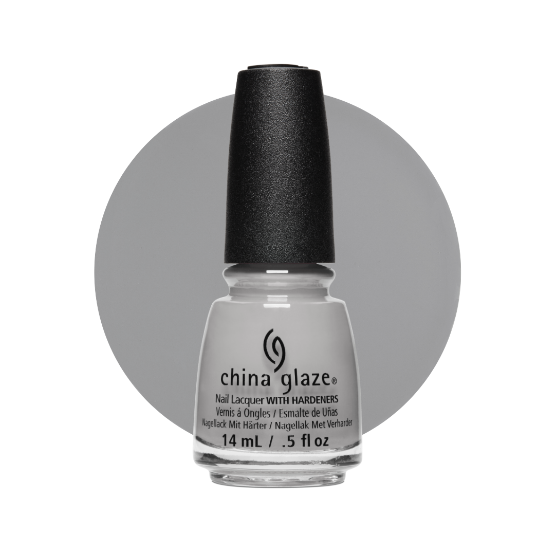 A bottle of China Glaze nail lacquer with a black cap, shown against a white background with a large gray circular color swatch behind it.