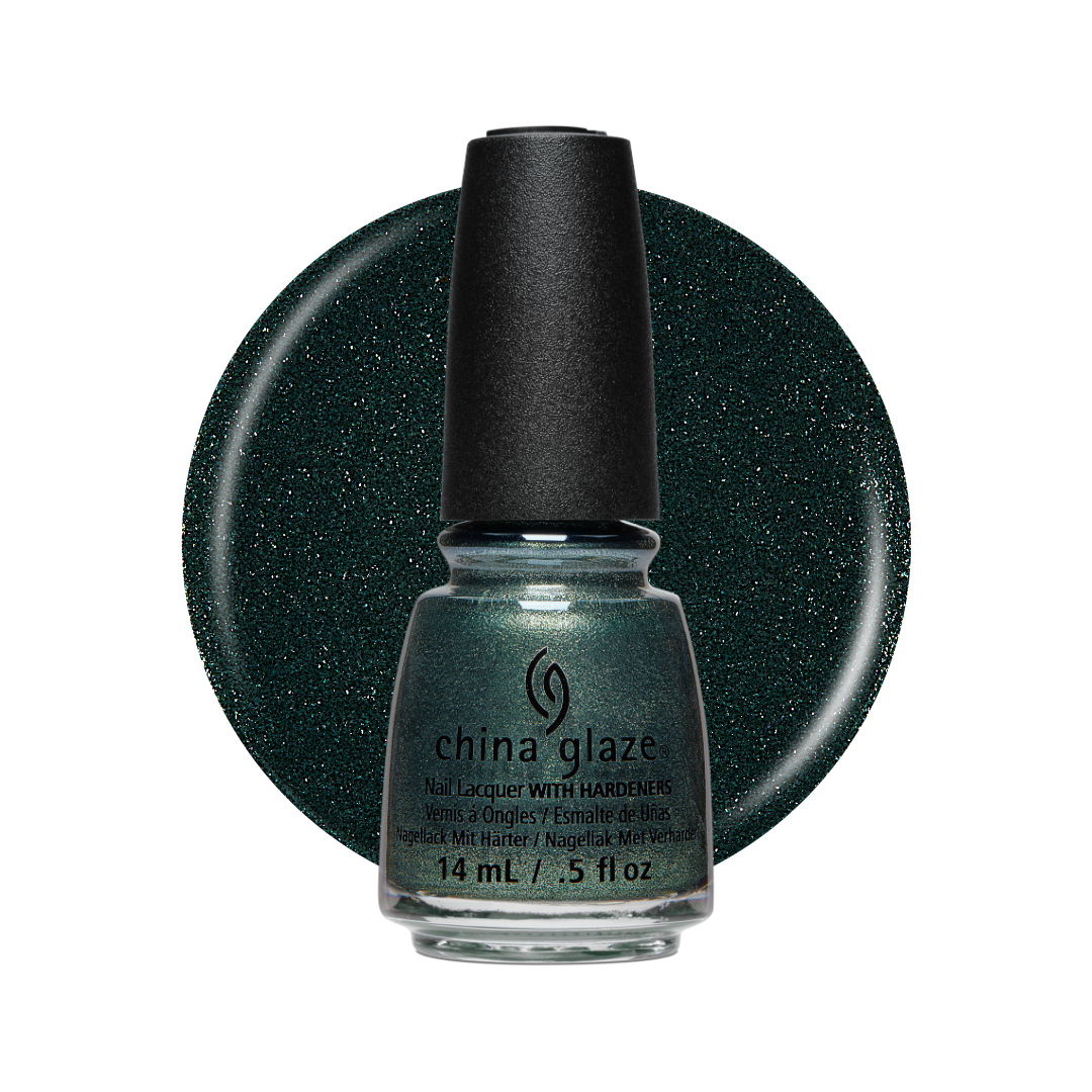 A bottle of China Glaze nail polish in a dark, glittery teal-green shade, shown in front of a matching circular color swatch on a white background.