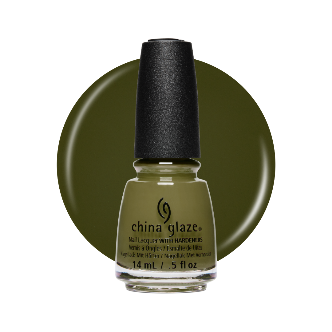 A bottle of China Glaze nail polish with hardeners in a muted olive-green shade, set against a matching circular color swatch on a white background.