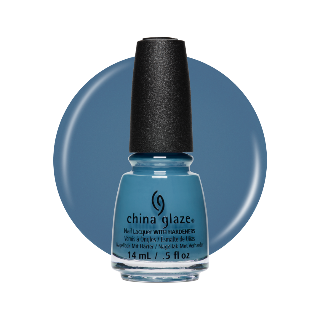 A bottle of China Glaze nail polish in a dusty slate blue shade, shown in front of a matching circular color swatch on a white background.