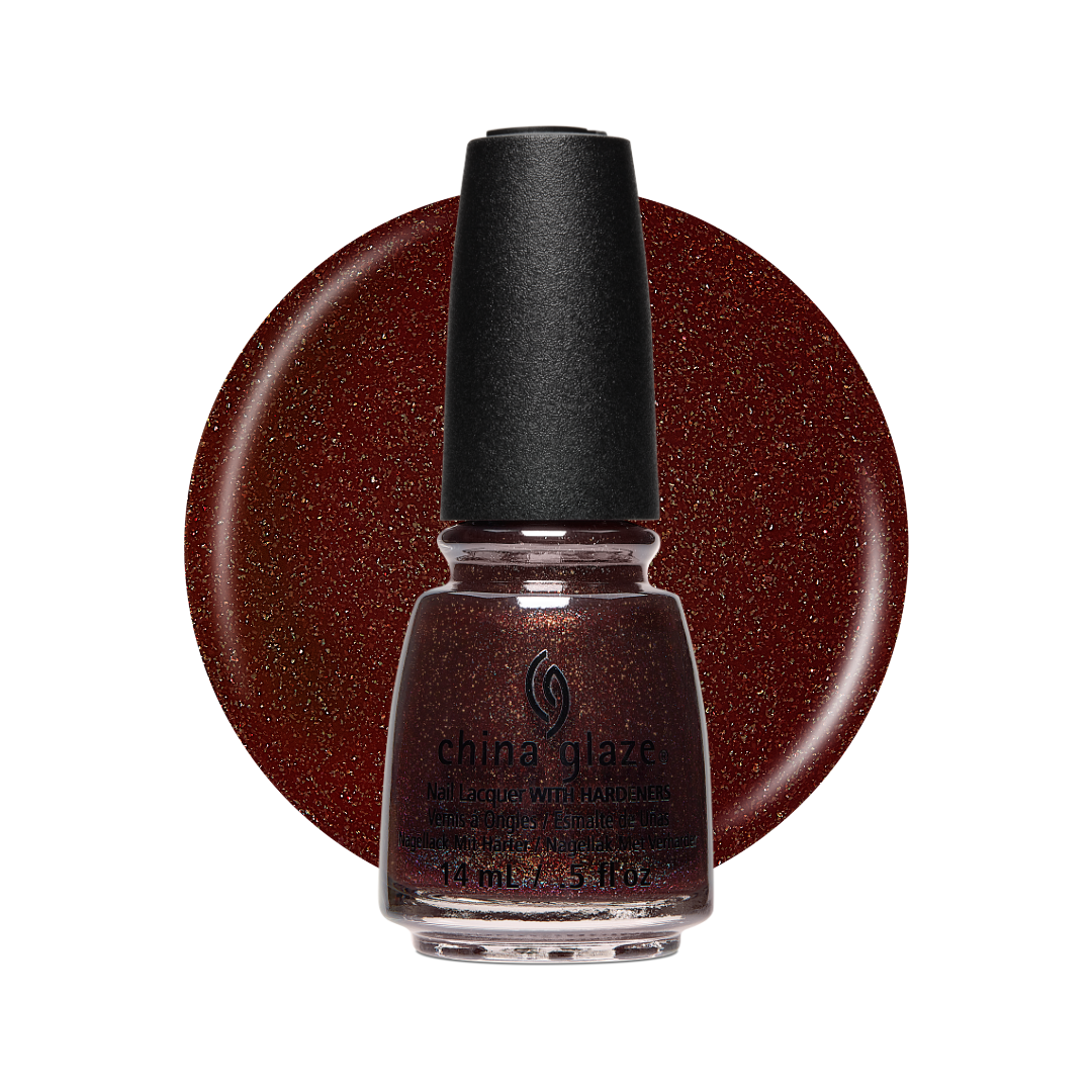 A bottle of China Glaze nail polish in a deep, glittery burgundy shade, set against a matching circular color swatch on a white background.