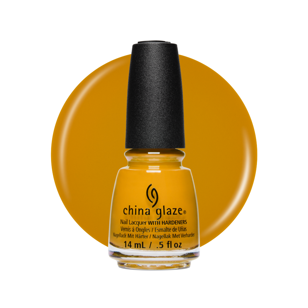 A bottle of China Glaze nail lacquer with hardeners in a warm golden yellow shade, set against a matching circular color swatch on a white background.