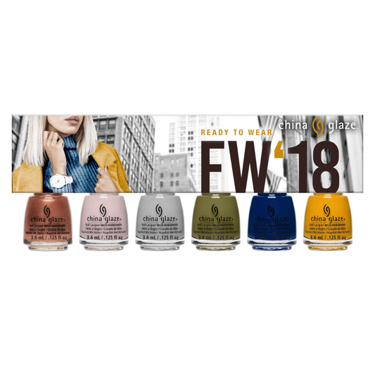 Six bottles of China Glaze FW 18 Ready to Wear nail polish colors displayed below a promotional banner showing a model wearing the shades. The bottles contain brown, pink, gray, olive green, blue, and yellow polishes.