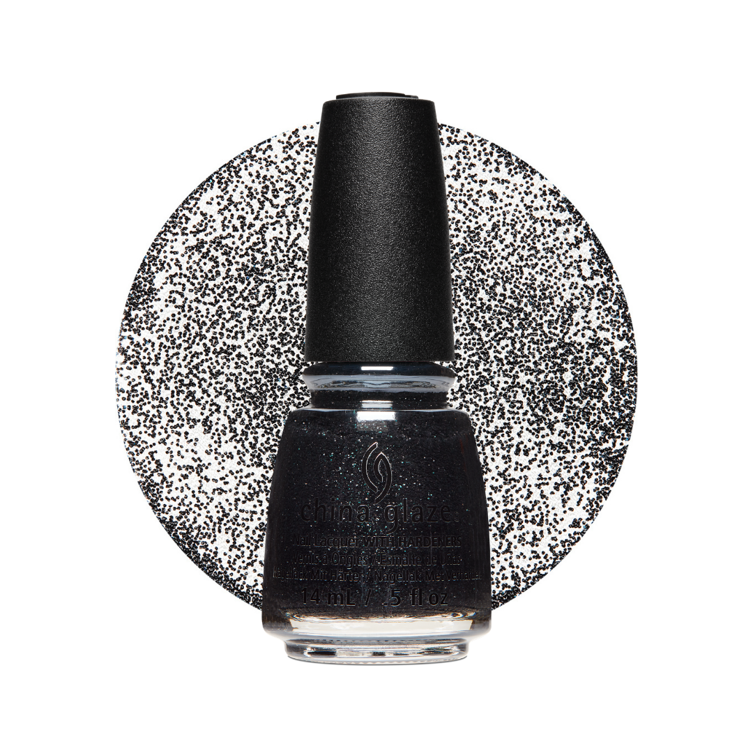 A bottle of China Glaze nail polish in a dark, glittery black shade, shown in front of a circular swatch displaying the fine glitter texture of the polish on a white background.