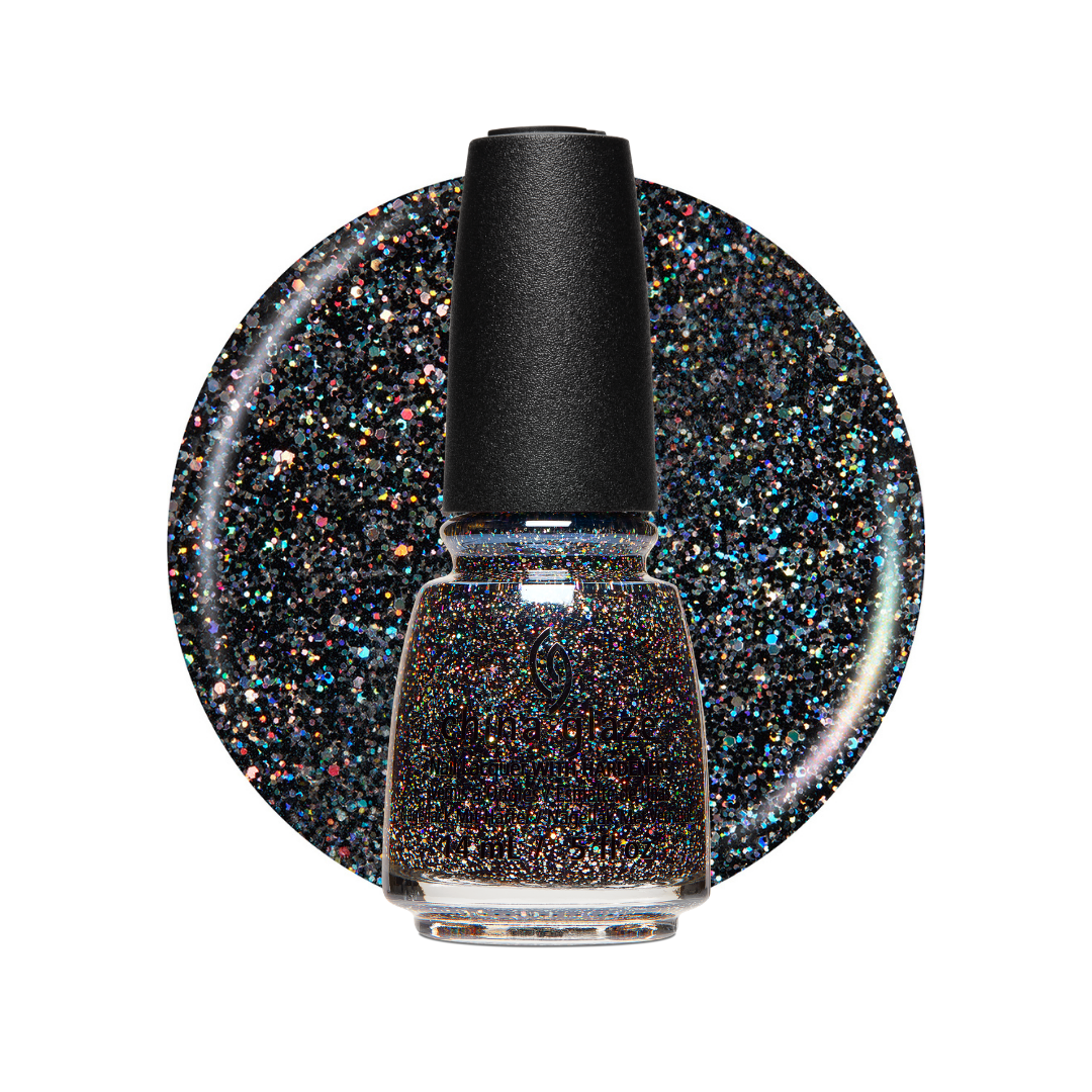  A bottle of China Glaze black iridescent glitter nail polish with a black cap, shown in front of a circular swatch of iridescent black glitter on a white background.