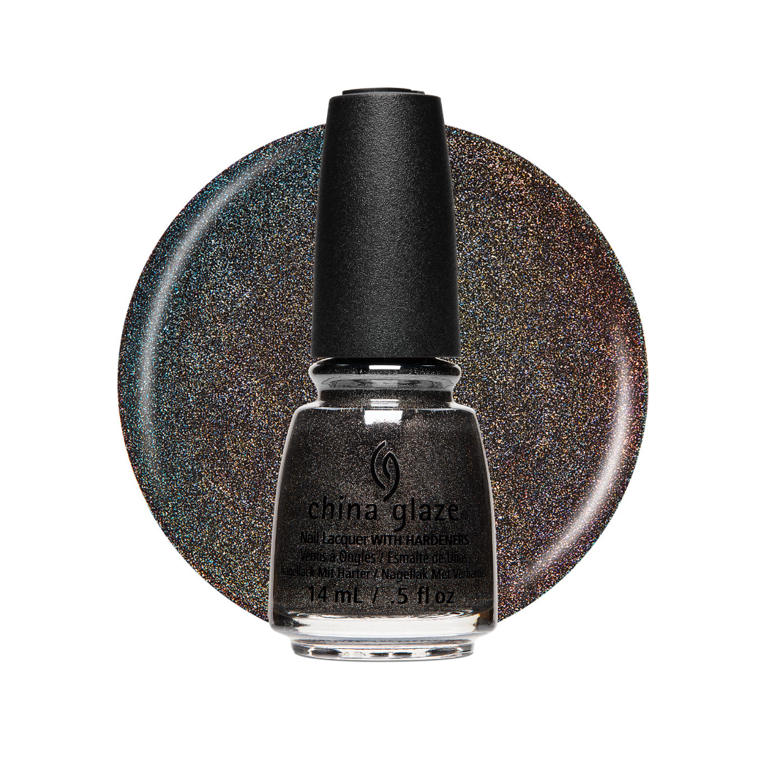 A bottle of China Glaze nail polish with a black cap, shown in front of a circular swatch of the dark glitter polish color on a white background.