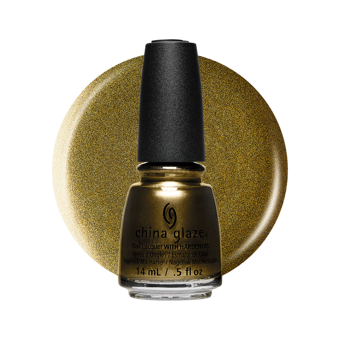 A bottle of China Glaze nail polish in a metallic gold shimmer shade, set against a matching circular gold swatch on a white background.