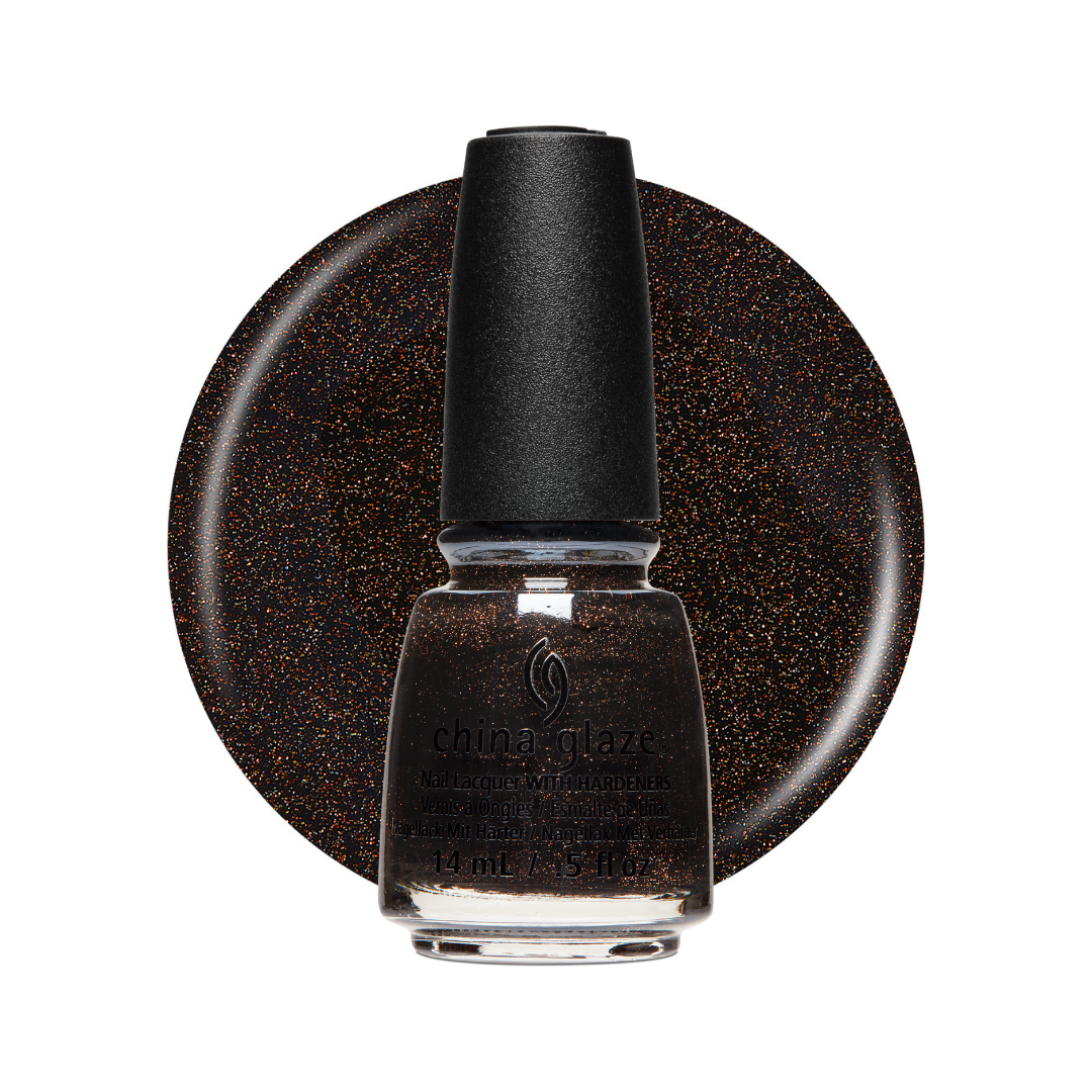 A bottle of China Glaze nail polish with a black cap, shown in front of a circular color swatch of the dark brown glitter polish on a white background.