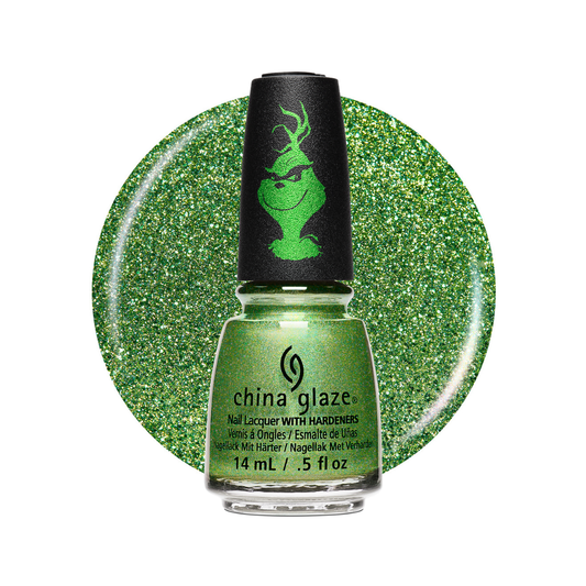 A bottle of China Glaze nail polish in a glittery lime green shade, displayed in front of a matching circular glitter swatch on a white background. The bottle features a black cap with a green Grinch logo.