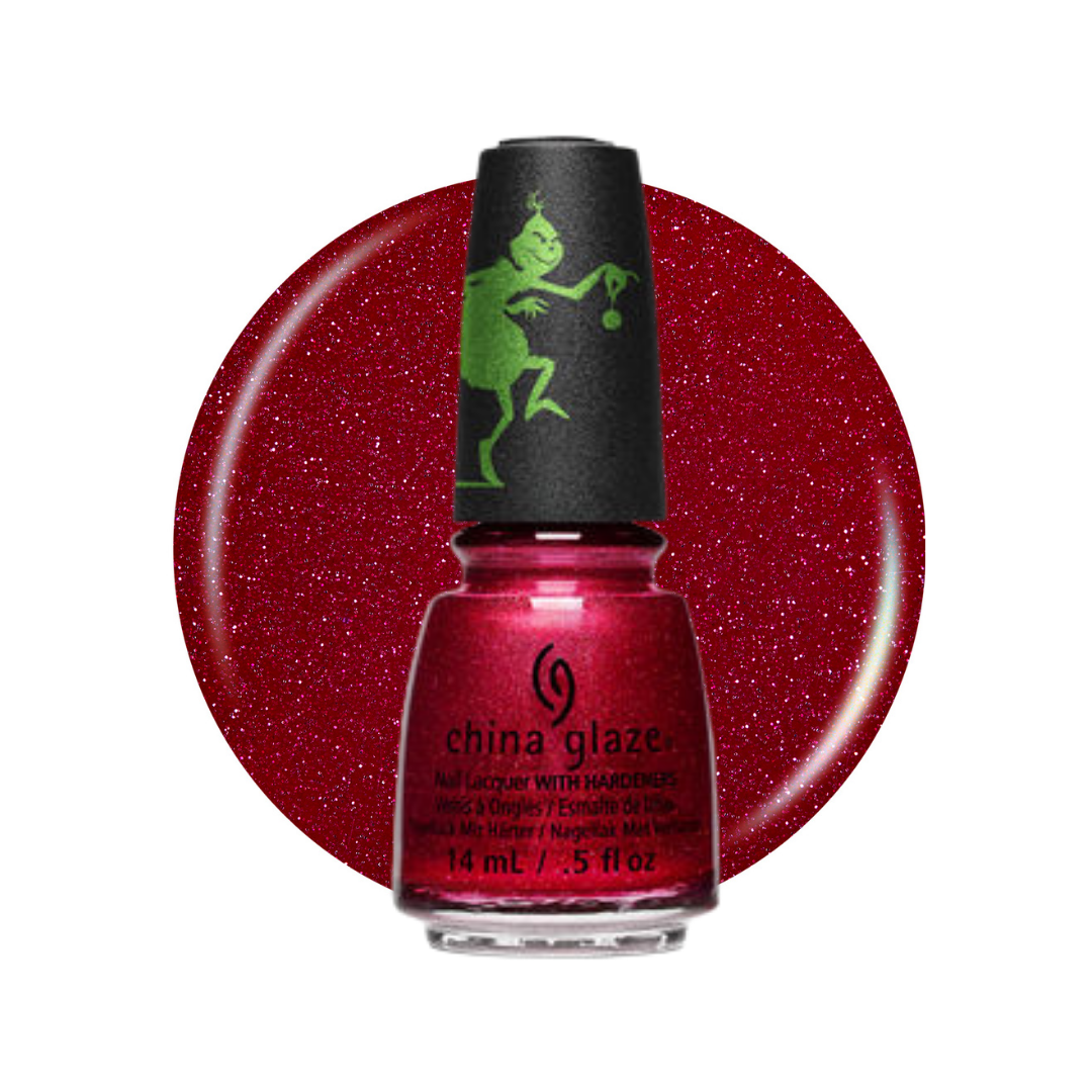 China Glaze nail polish bottle in a sparkling deep red shade, shown in front of a matching circular swatch on a white background. The bottle has a black cap with a green Grinch silhouette.