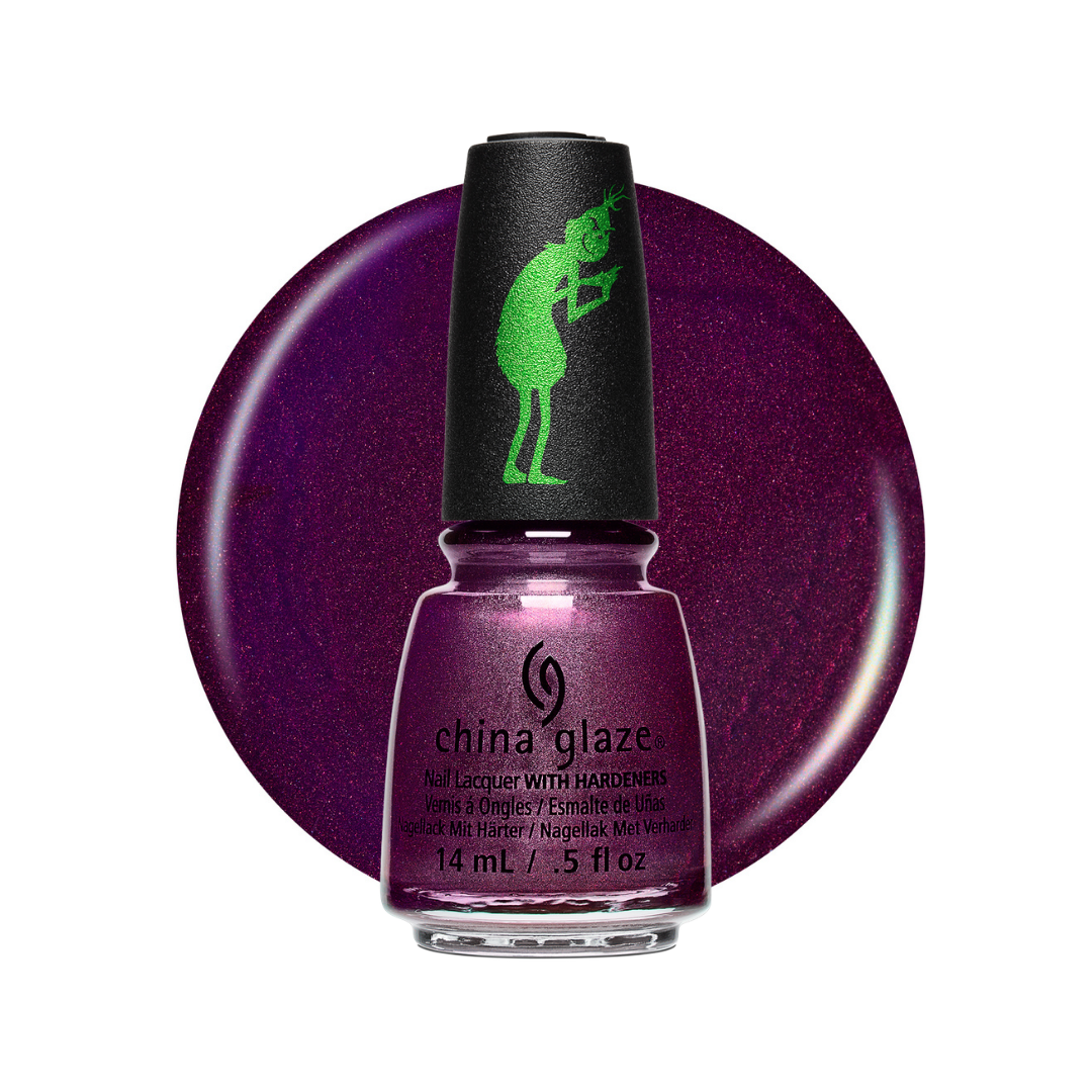 A bottle of China Glaze nail polish in a deep purple shade with a black cap featuring a green silhouette logo, set against a large matching purple circular swatch on a white background.