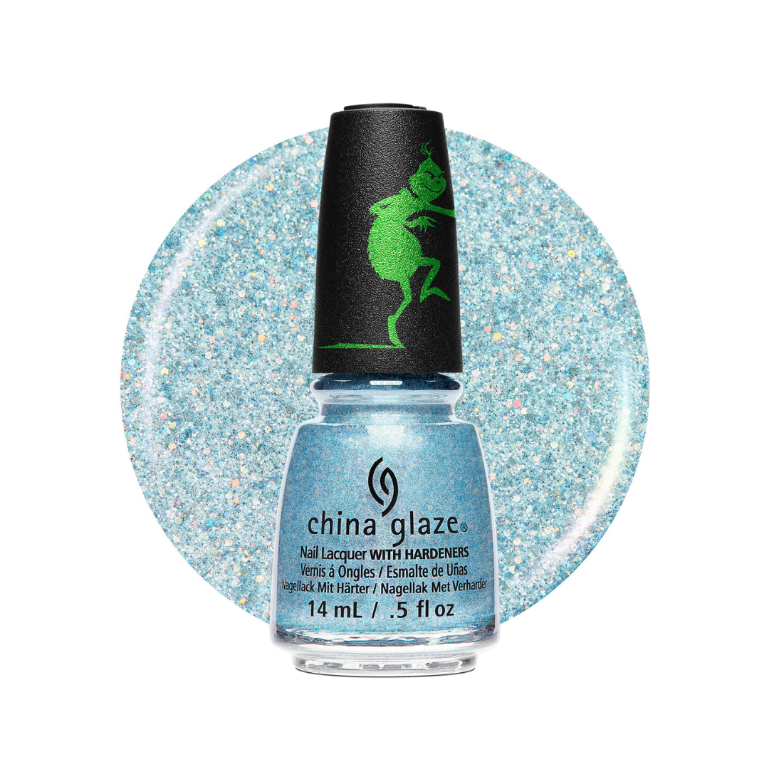 A bottle of China Glaze nail lacquer in a light glittery blue shade, shown in front of a large circular swatch of the same blue glitter polish on a white background.