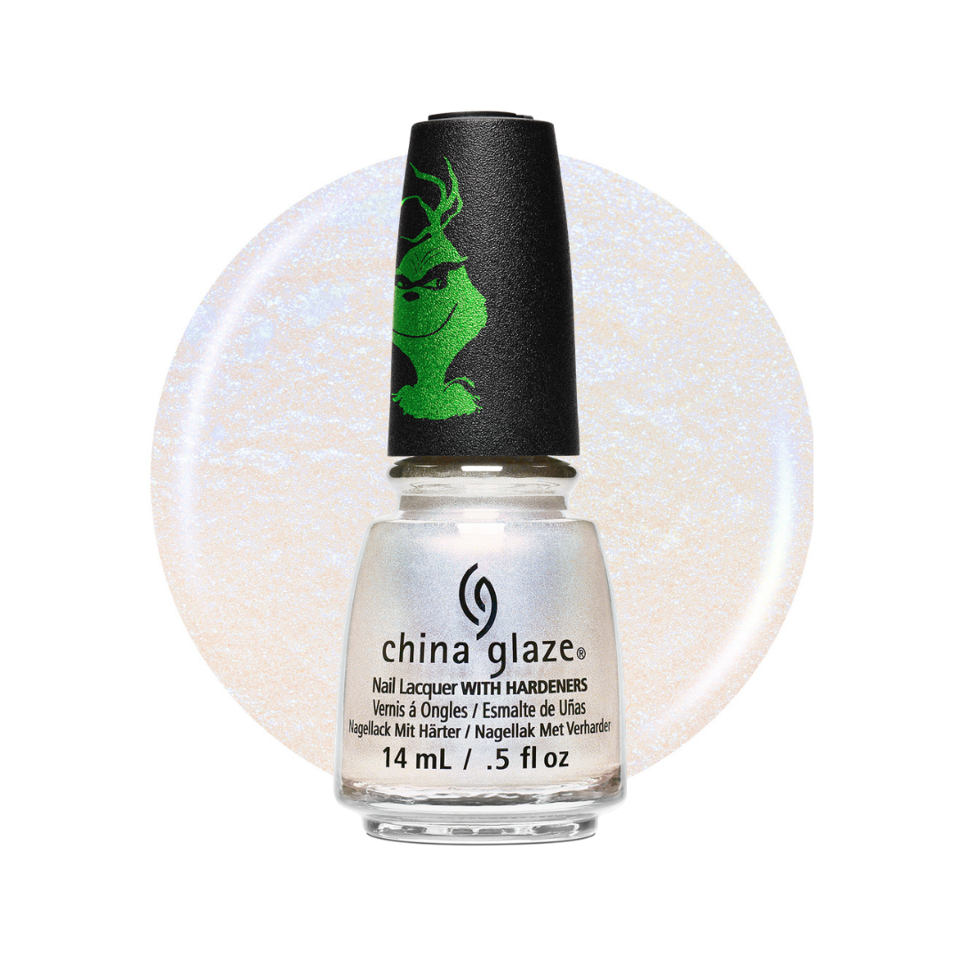 A bottle of China Glaze nail polish with a shimmering pearlescent white finish, shown against a matching circular swatch on a white background. The bottle has a black cap with a green dragon graphic.