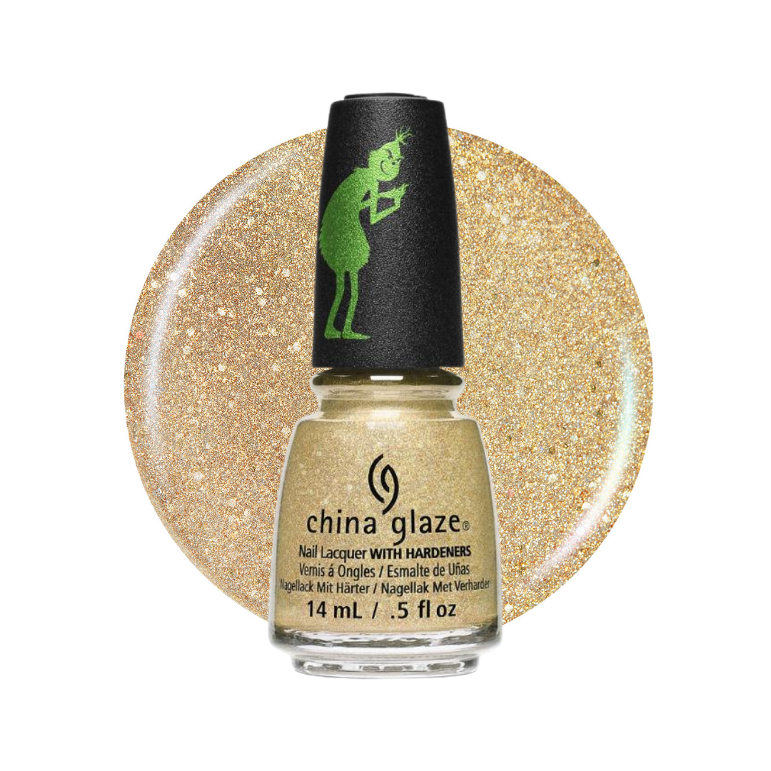A bottle of China Glaze nail polish in a sparkling gold glitter shade, shown against a matching circular gold glitter swatch on a white background.