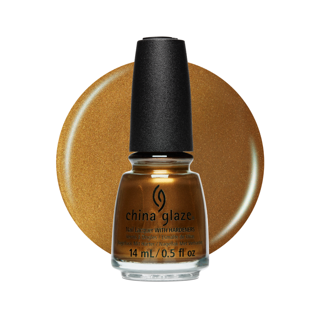 A bottle of China Glaze nail polish with a black cap, shown in front of a circular metallic gold swatch on a white background.