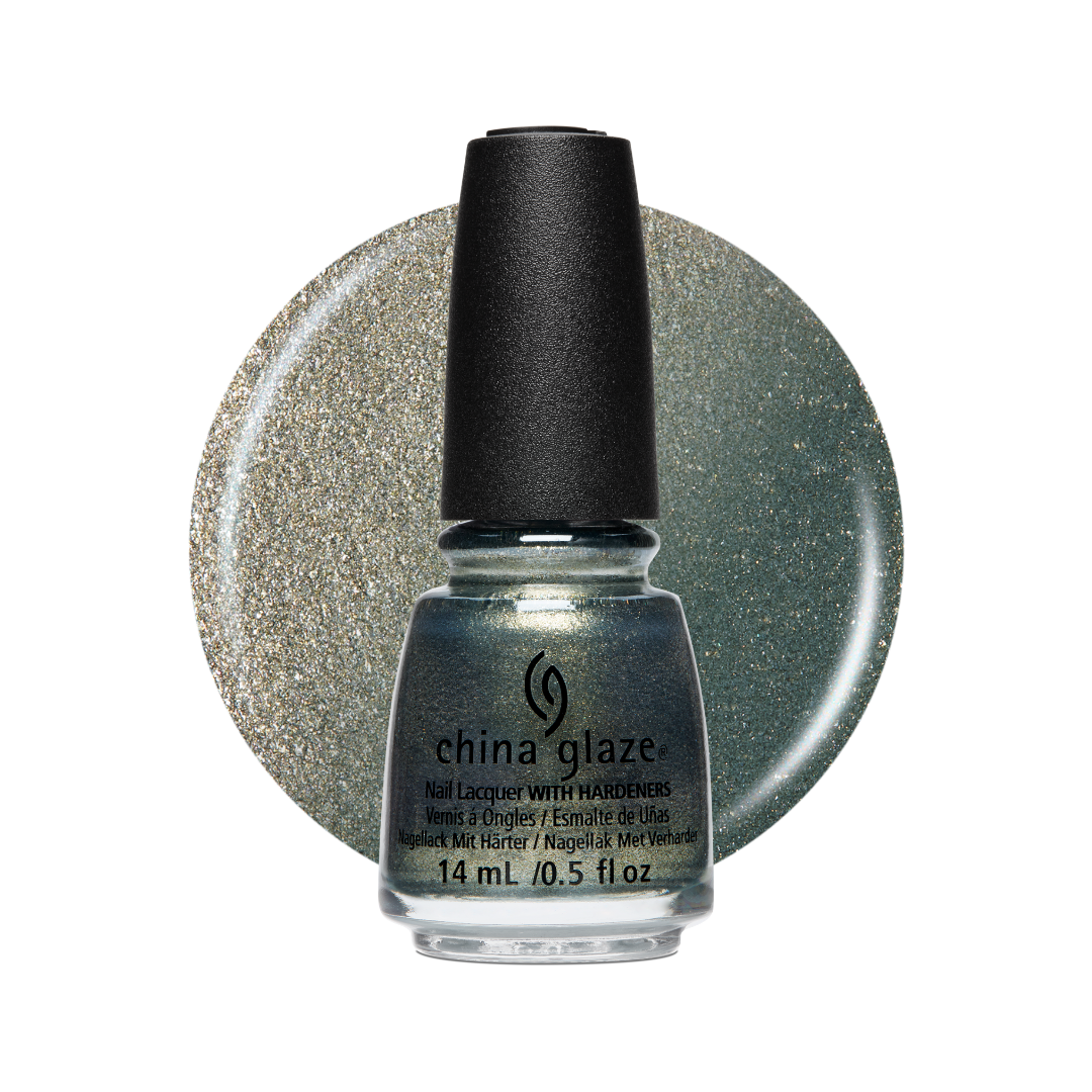 A bottle of China Glaze nail polish with a black cap, shown in front of a circular glitter swatch of the same shimmering gray-green shade on a white background.