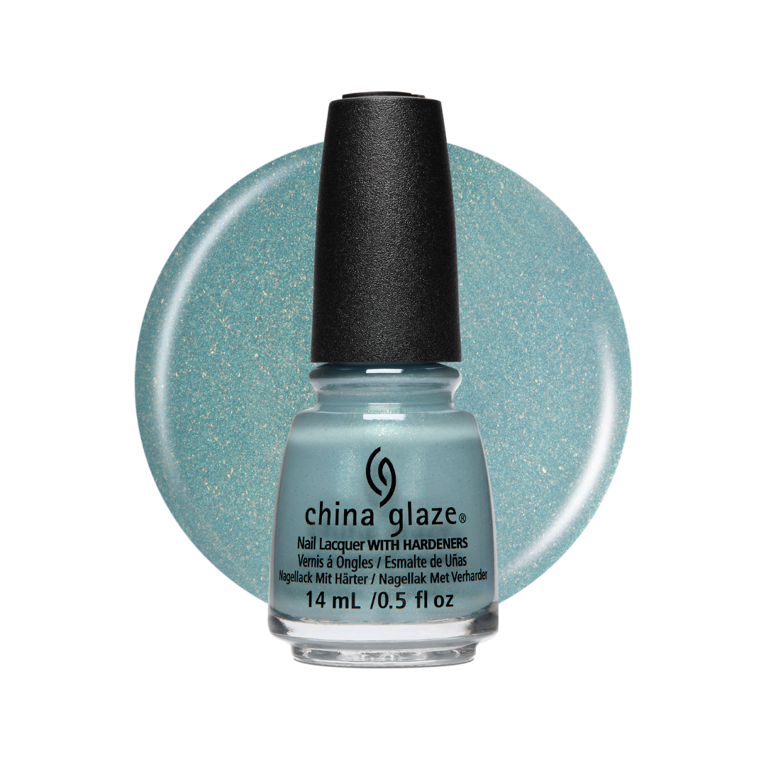 A bottle of China Glaze nail polish with a black cap, shown in front of a circular swatch of the light blue glitter polish on a white background.
