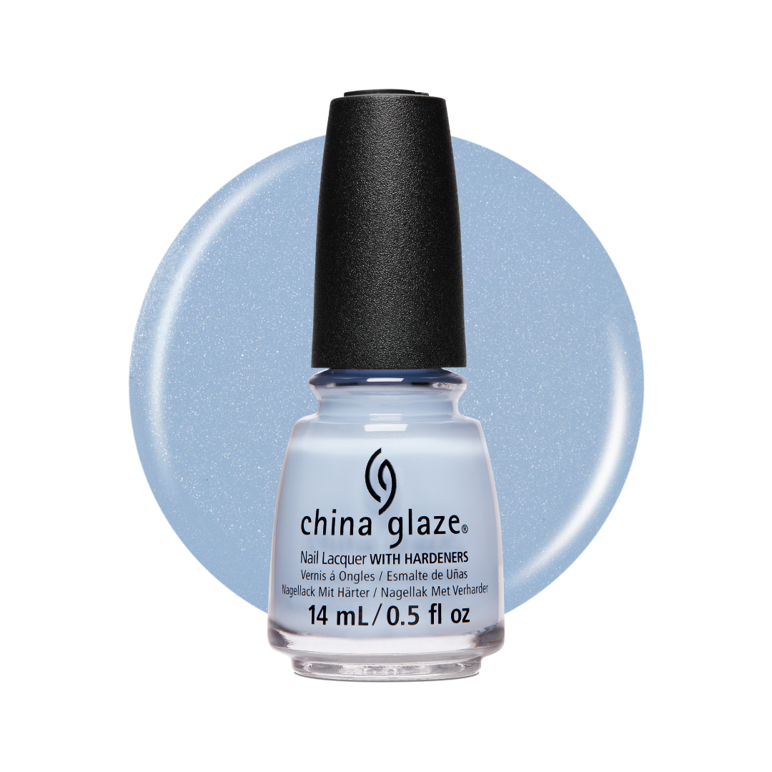 A bottle of China Glaze nail polish with hardeners in a light blue glitter shade, shown against a white background with a matching light blue glitter color circle behind it.