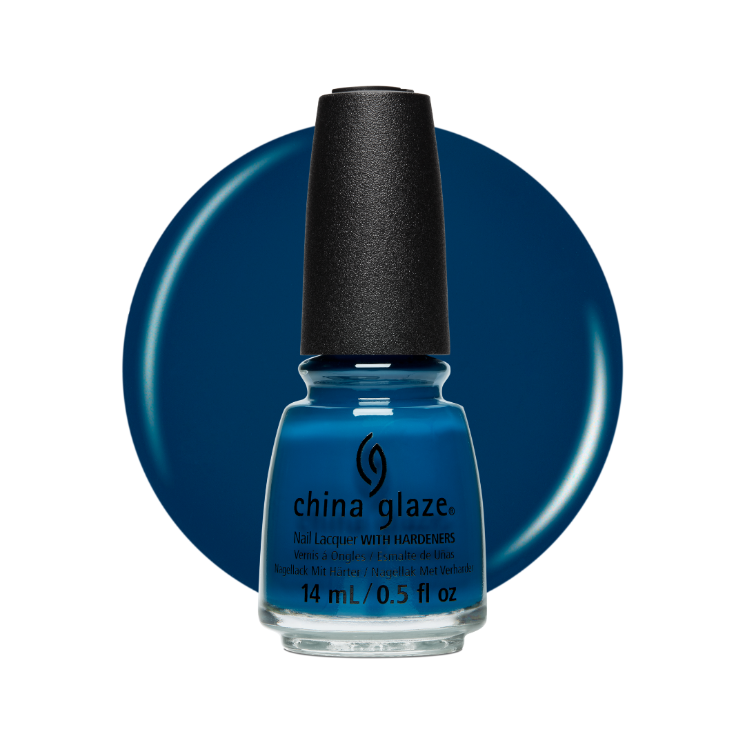 A bottle of China Glaze nail polish in a deep blue shade, set against a matching blue circular swatch on a white background.