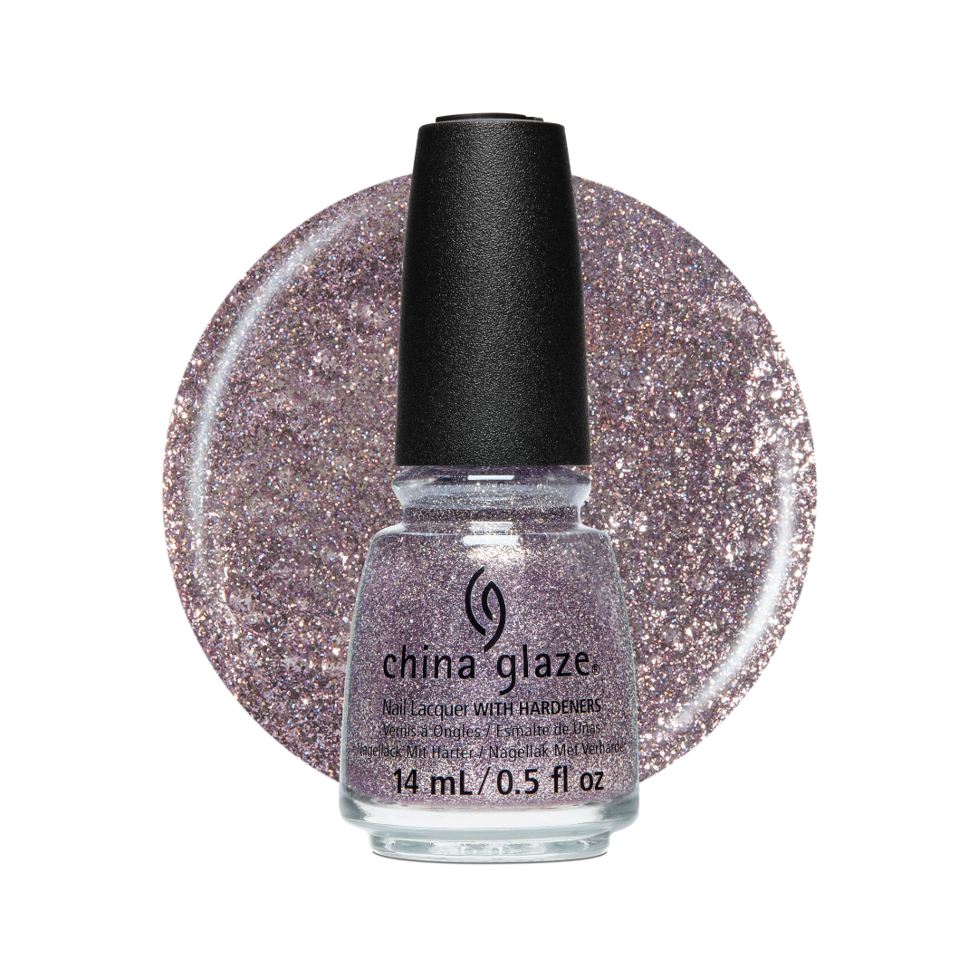 A bottle of China Glaze nail polish with a black cap, shown in front of a circular glitter swatch of the same lavender-purple shade on a white background.