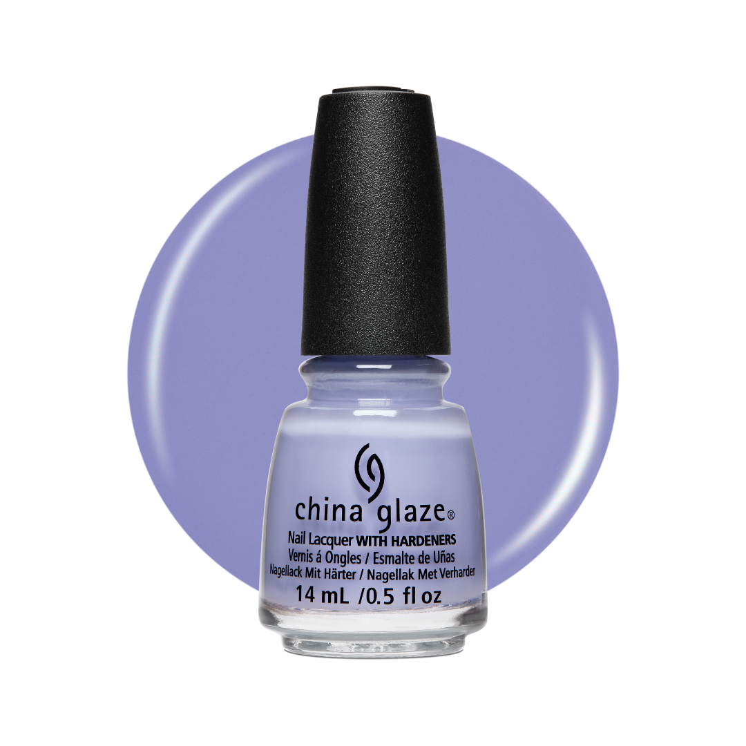 A bottle of China Glaze nail lacquer with a black cap, shown in front of a lavender-purple circular color swatch on a white background.