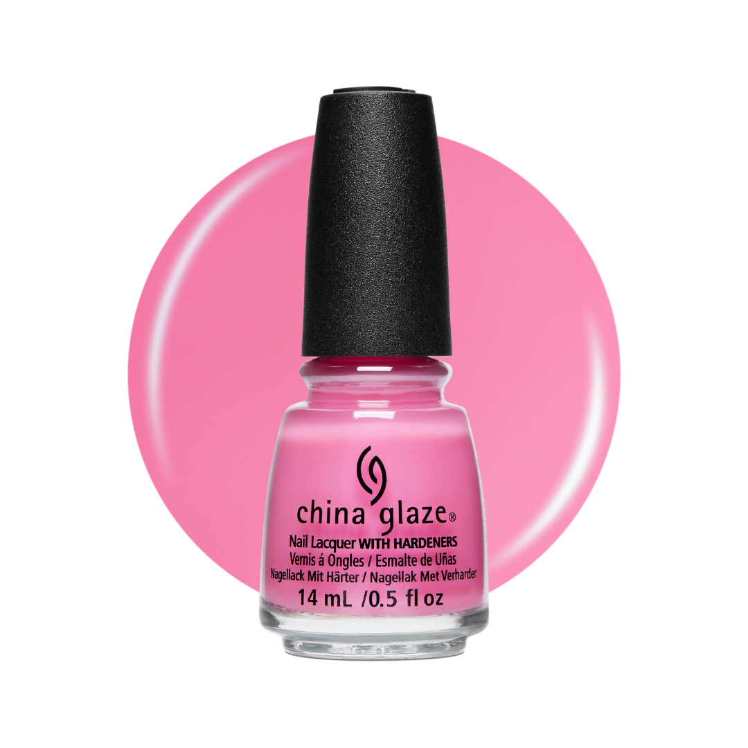 A bottle of China Glaze nail polish with hardeners in a vibrant pink shade, featuring a black cap and a matching pink circular color swatch behind it on a white background.