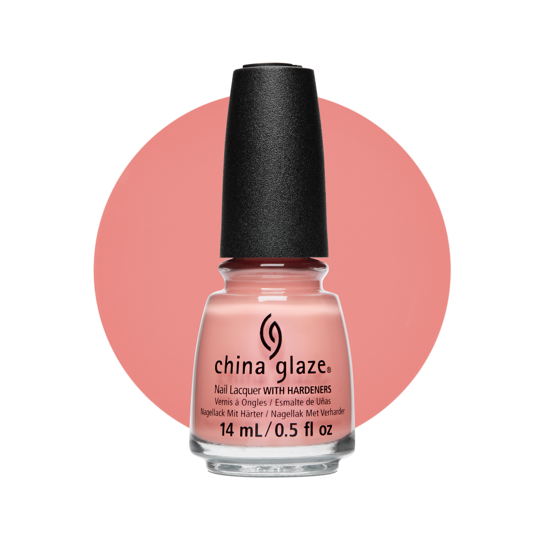 A bottle of China Glaze nail polish in a dusty pink shade, shown against a white background with a large matching pink circle behind the bottle.