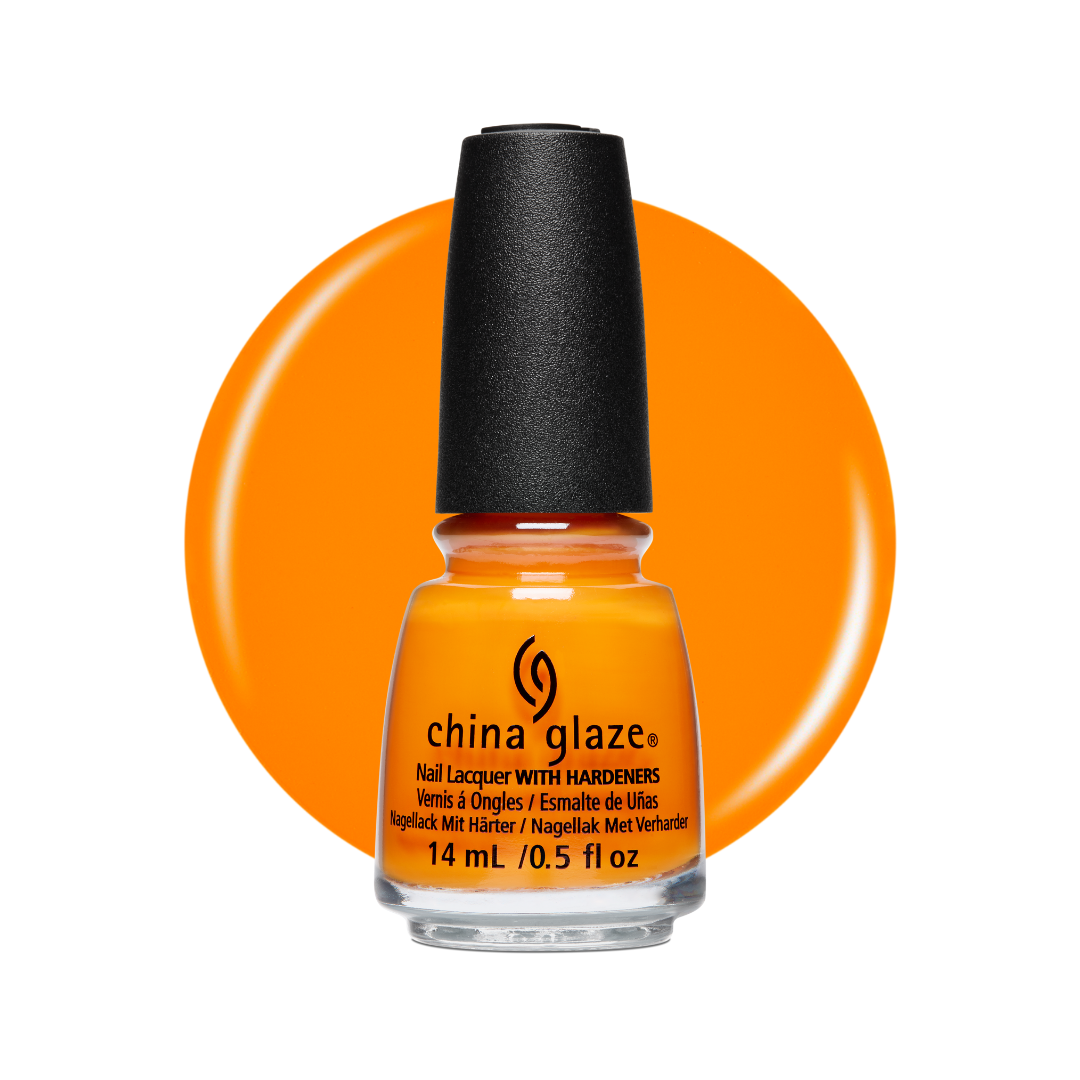 A bottle of China Glaze nail polish in a bright orange shade, shown with a matching orange circular color swatch behind it on a white background.