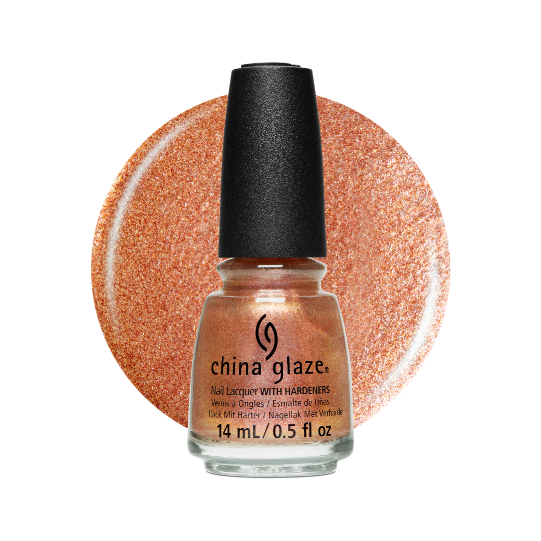 A bottle of China Glaze nail polish with a black cap, shown in front of a circular swatch of the shimmering copper-rose shade on a white background.