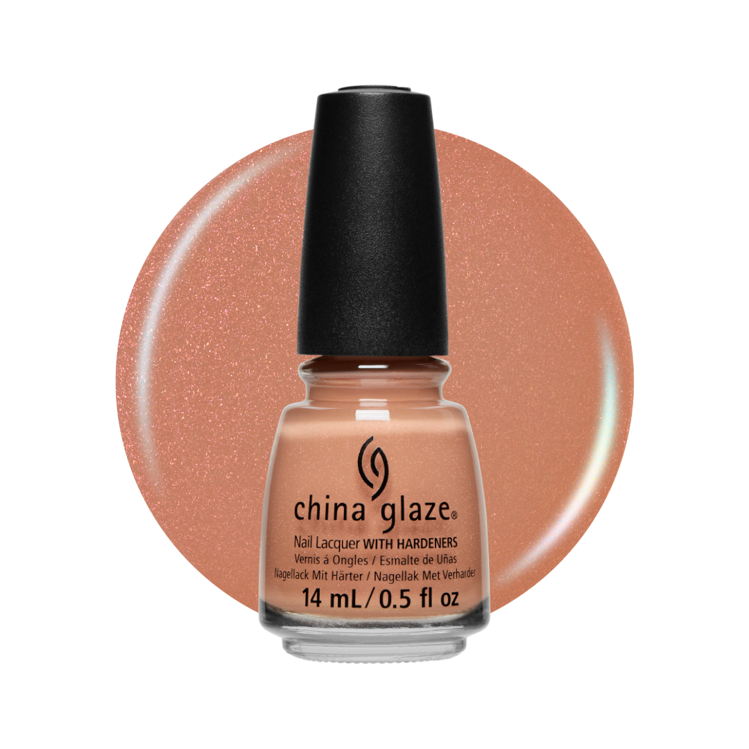 A bottle of China Glaze nail polish with hardeners in a warm peachy nude shade, shown in front of a matching glittery circular color swatch on a white background.